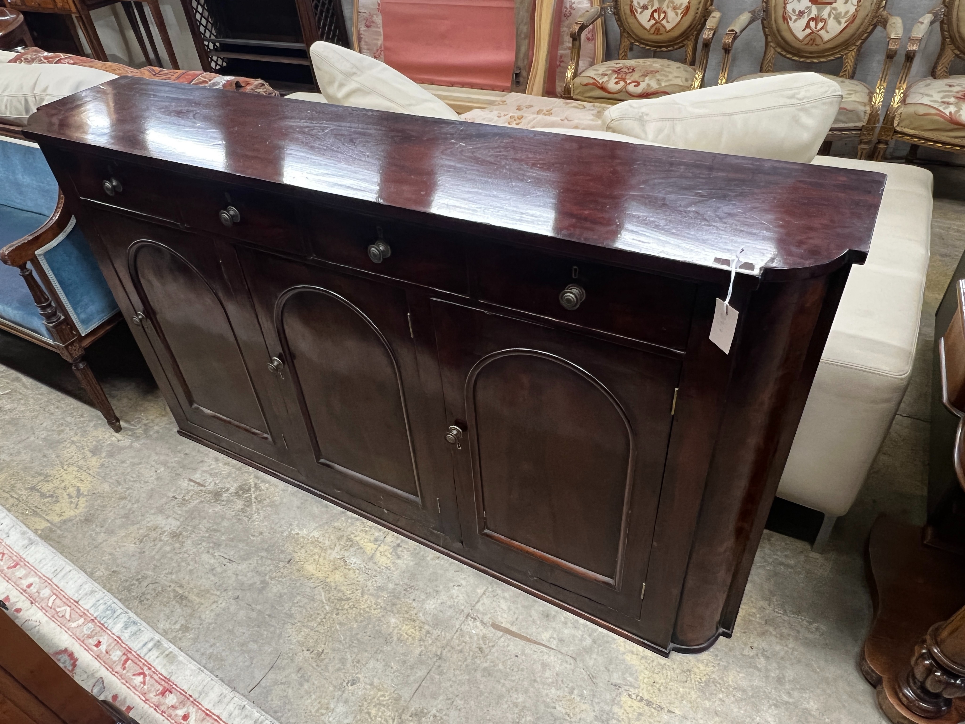 A Victorian mahogany side cabinet, width 170cm, depth 35cm, height 92cm